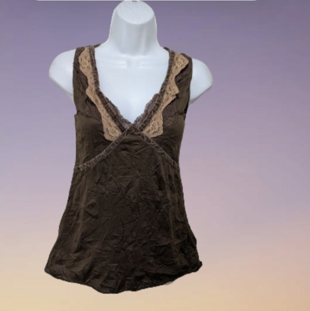 Lily White Vintage Lace Babydoll Cami Tank Top M Brown 90s Y2K Grunge Whimsical